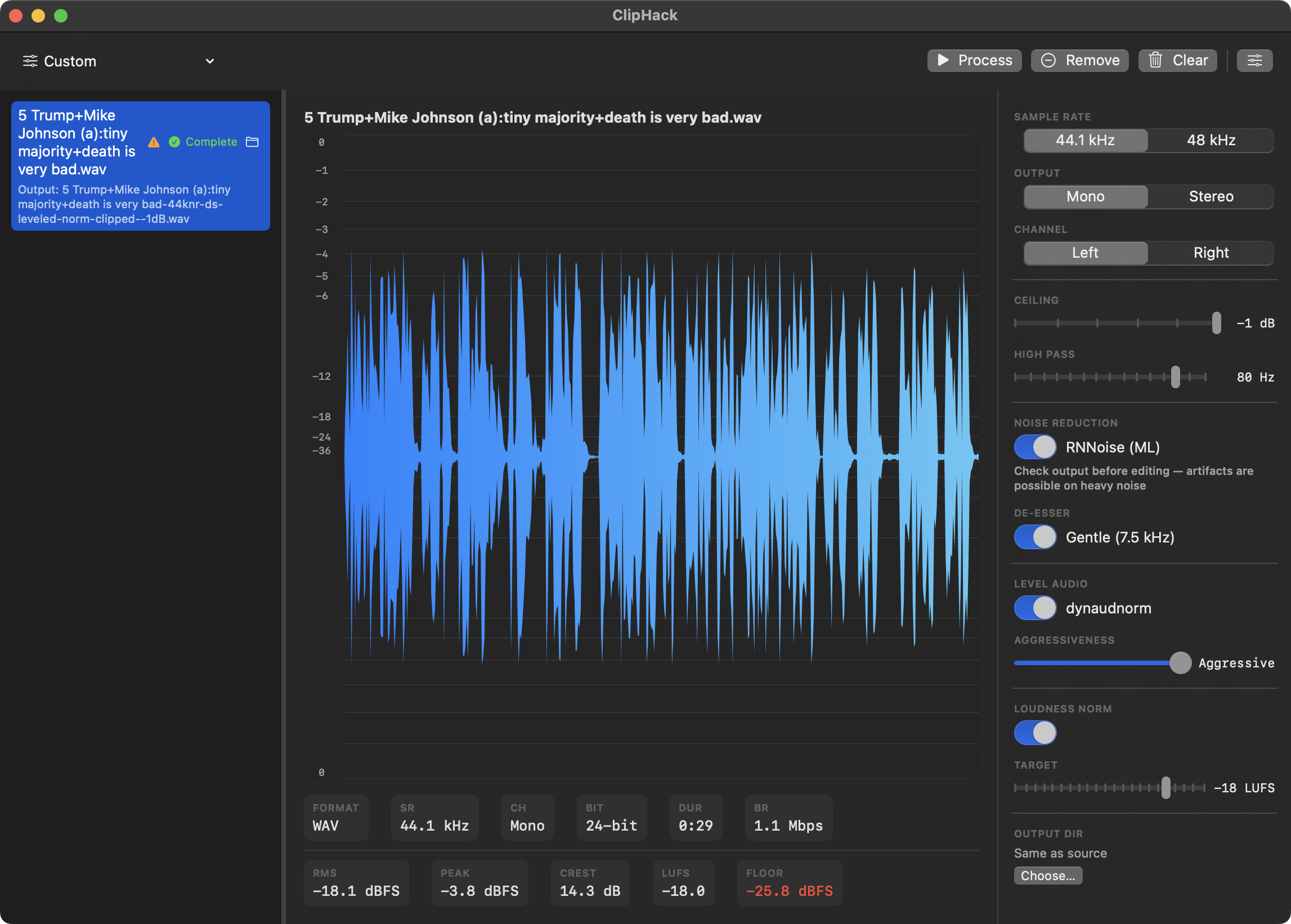 ClipHack showing processed file with output stats