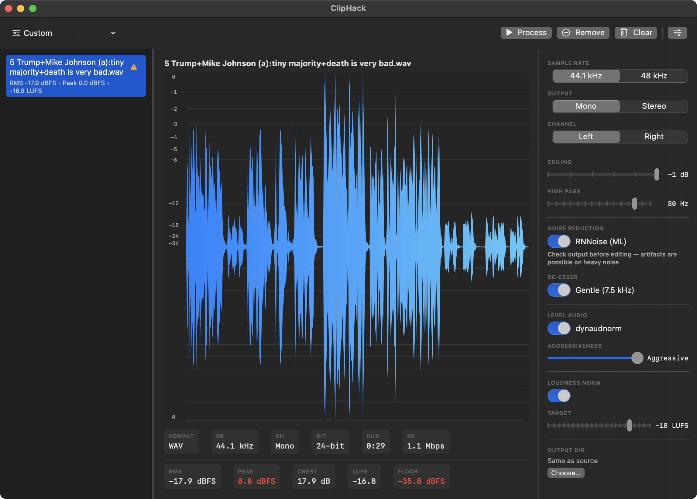 ClipHack showing waveform before processing
