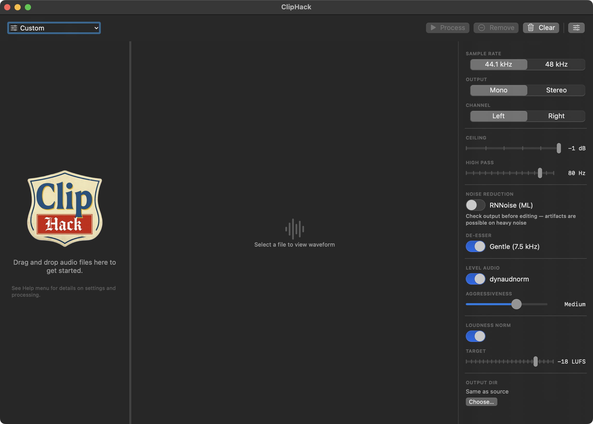 ClipHack empty state showing settings panel