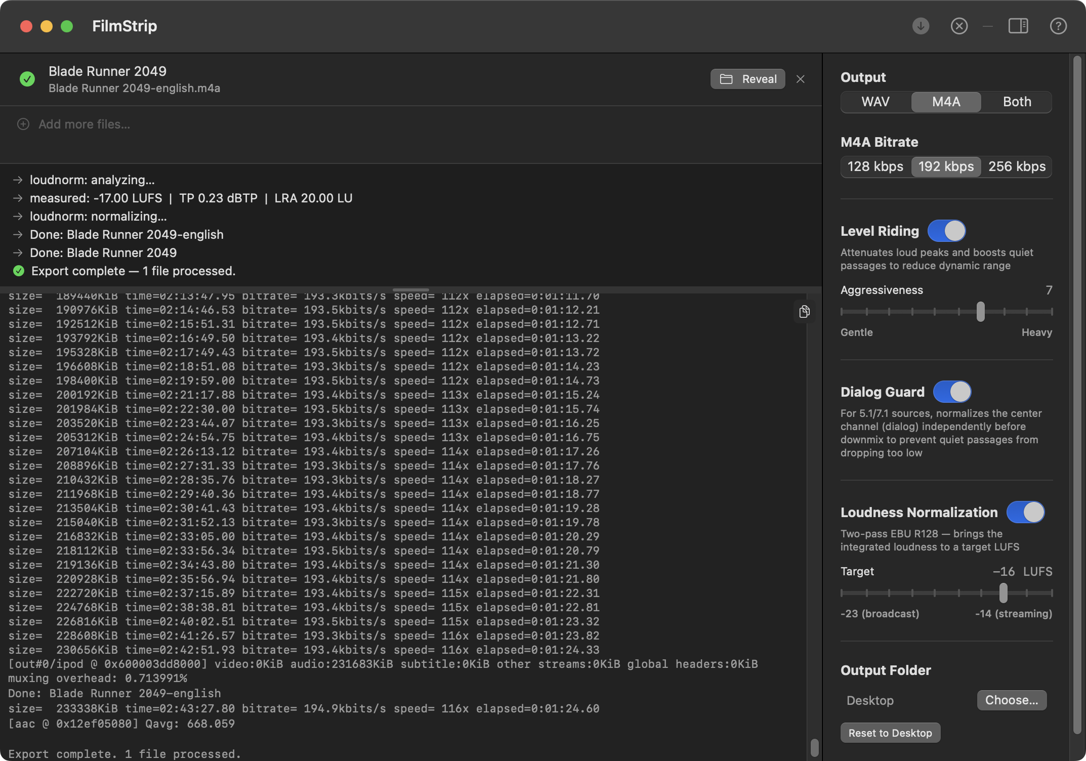 FilmStrip showing completed export with output files