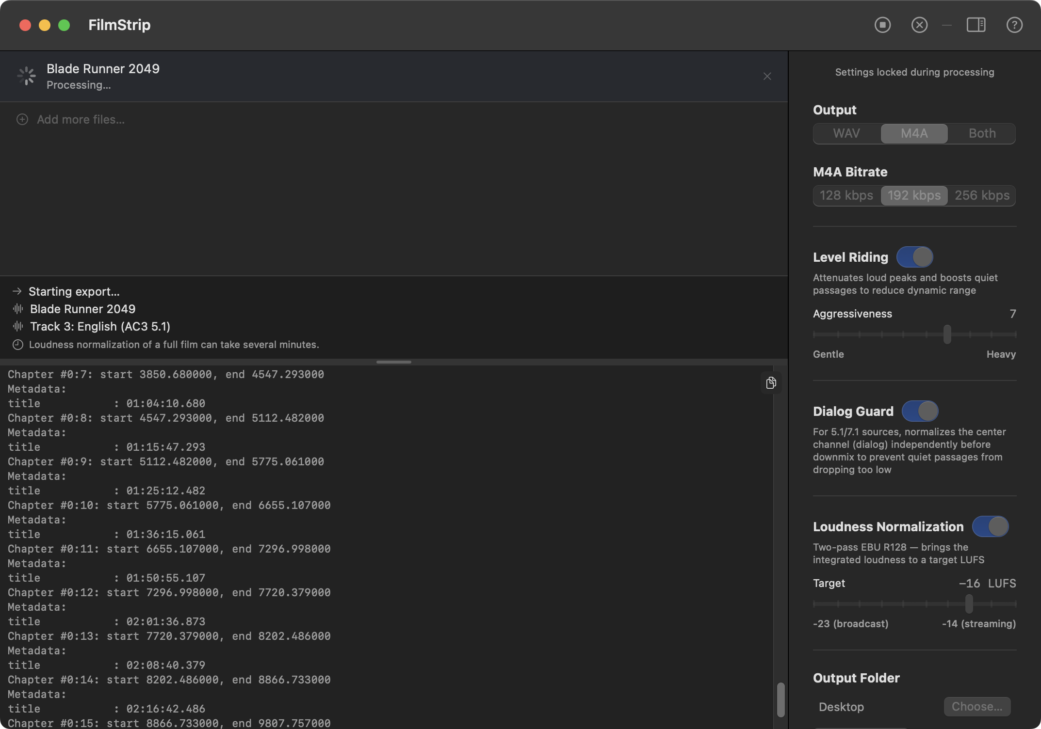 FilmStrip showing settings and processing status