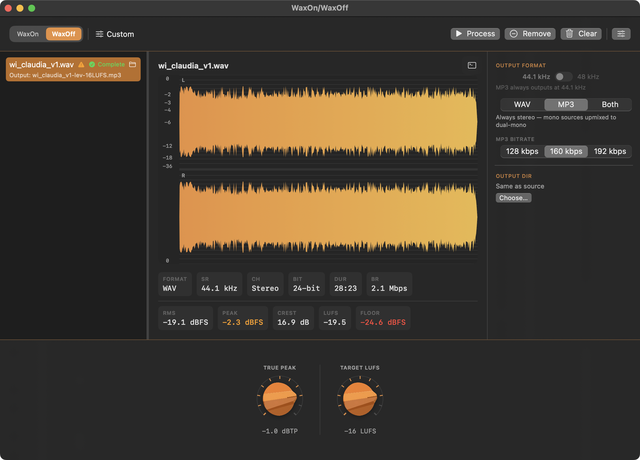 WaxOff — completed delivery with stereo waveform