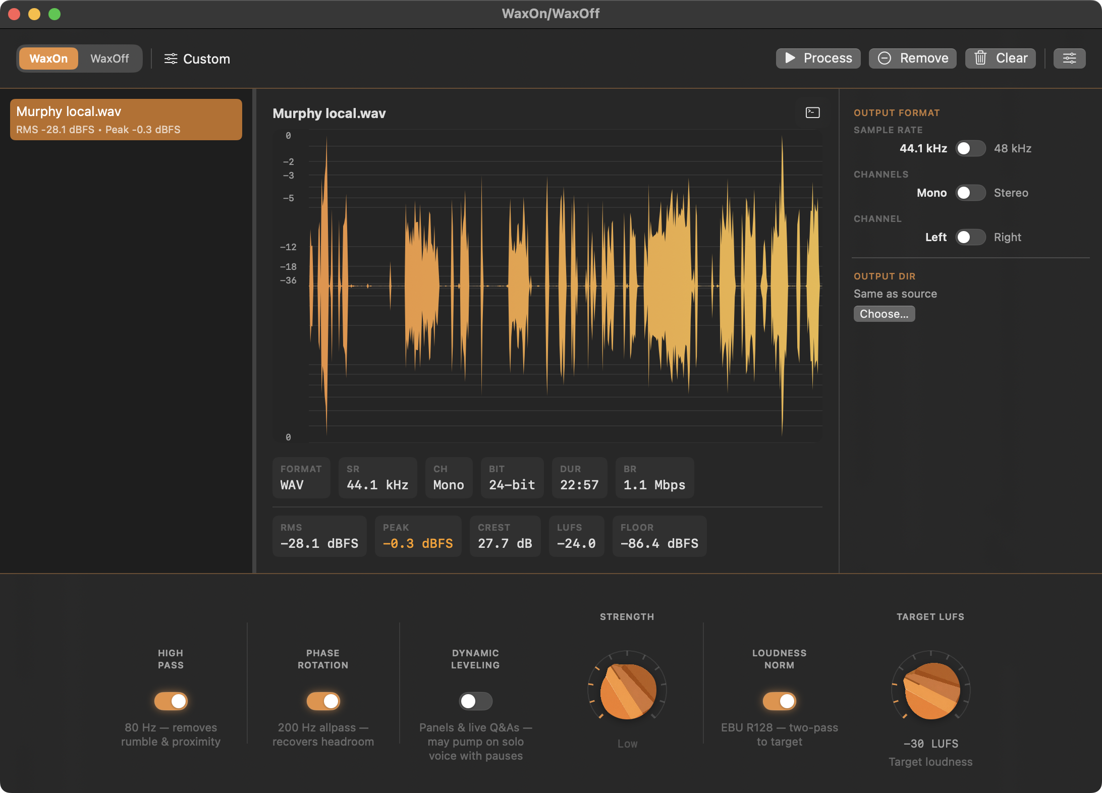 WaxOn — batch processing with waveform view