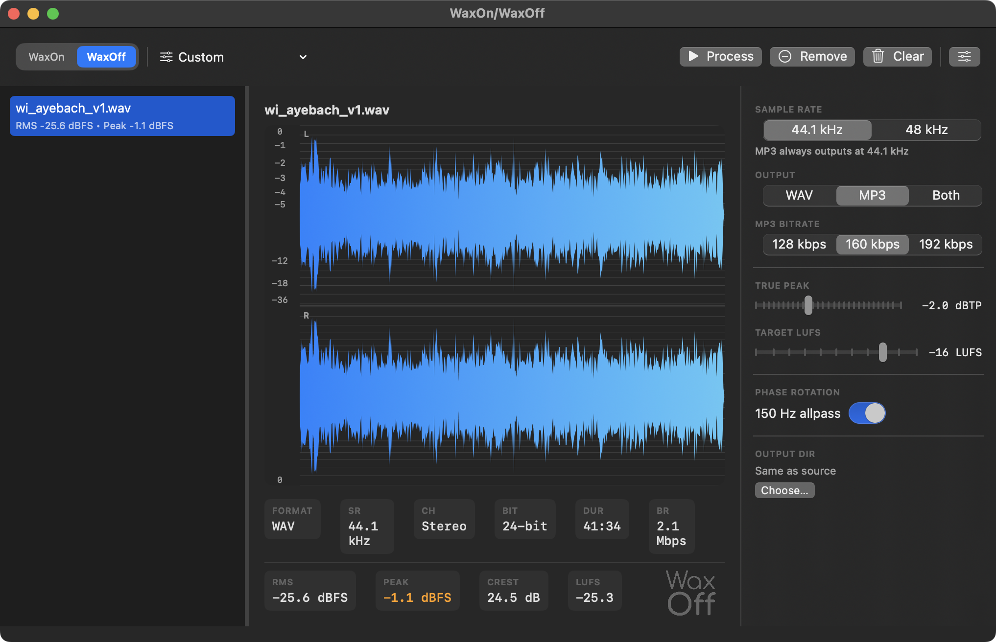WaxOff mode showing waveform and settings panel