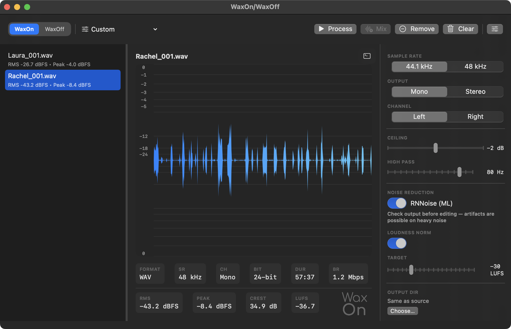 WaxOn mode showing waveform and settings panel